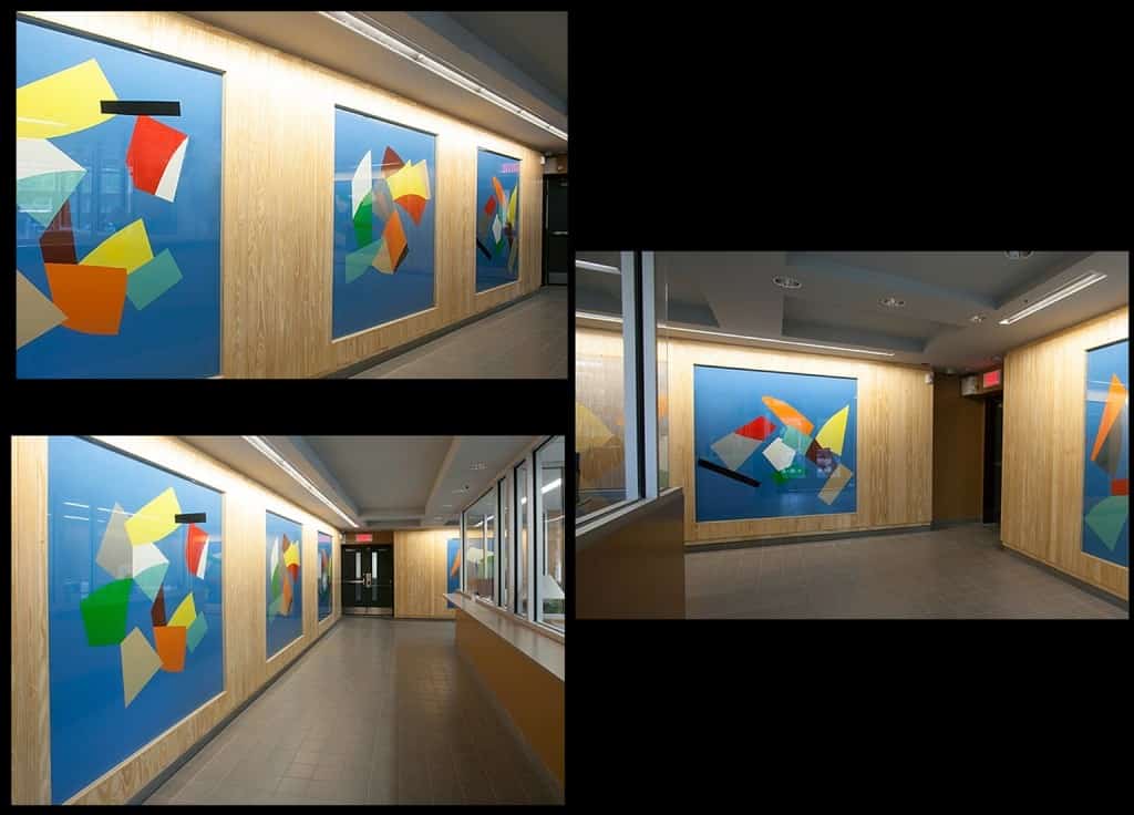 Les angles du regards, Mural by Marcel Barbeau at l'école des métiers de la construction, 2012.  Photo : Robert Etchevery
