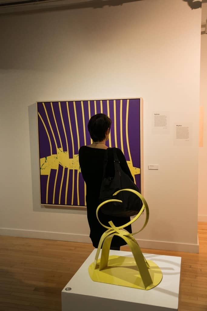 View of the exhibition Rythmes, mouvements et accords at the Maison du festival de Jazz. On the picture, the canvas entitled Les yeux au creux de l'ombre s'embrassent dans la nuit and at the front the sculpture Dualité.  2012. Photo : Robert Etchevery